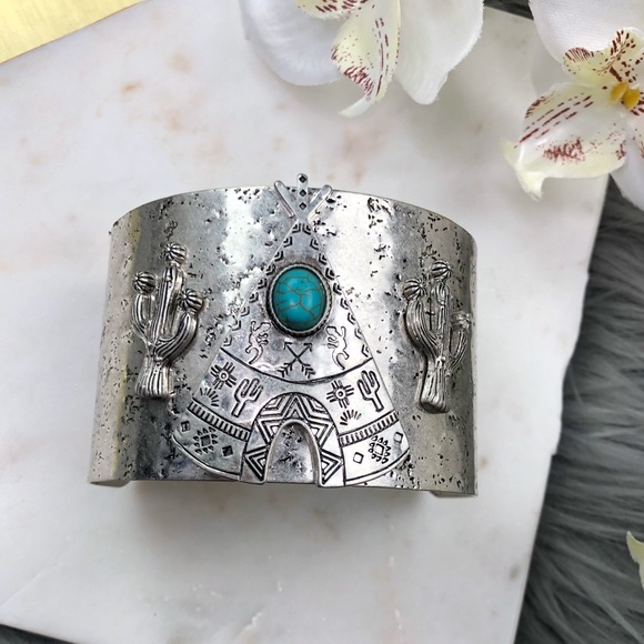 Jewelry - Southwestern Teepee Cactus Metal Cuff Bracelet